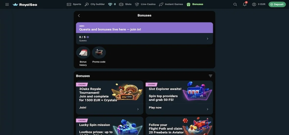 Royalsea Casino aktív bónuszok a játékos profiljában