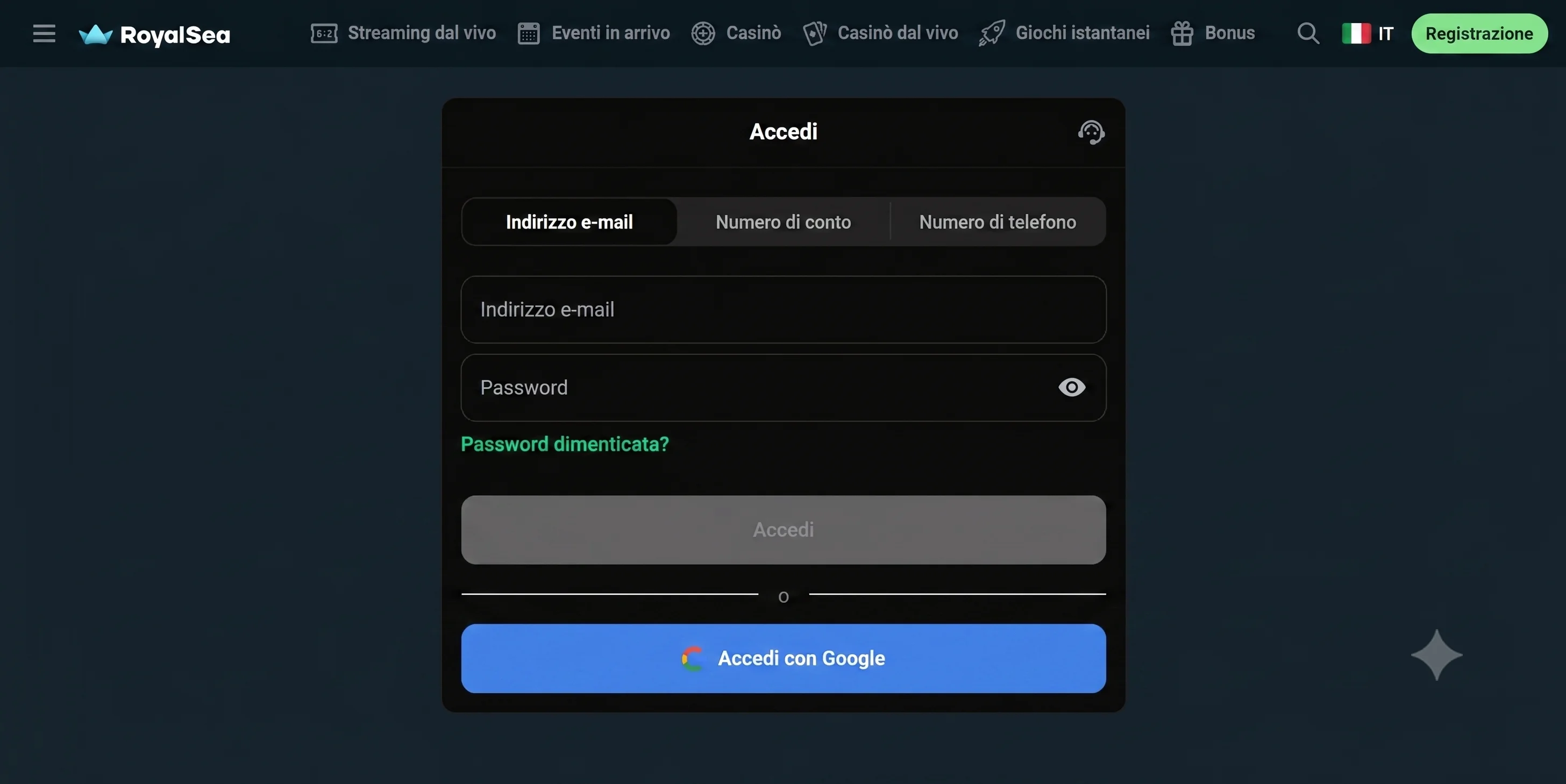 Royalsea Casino bejelentkezési űrlap e-mail és jelszó mezővel