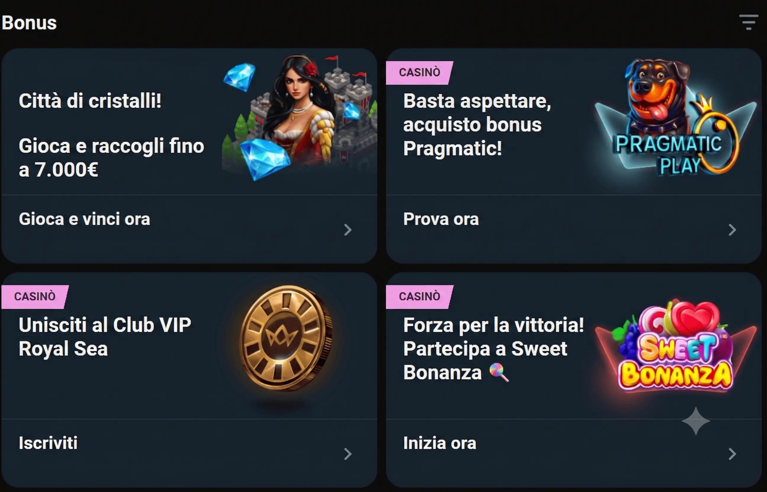 Royalsea Casino bónusz oldal a négy üdvözlő ajánlattal