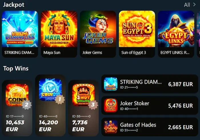 Royalsea Casino jackpot nyeremények mobilos nézetben