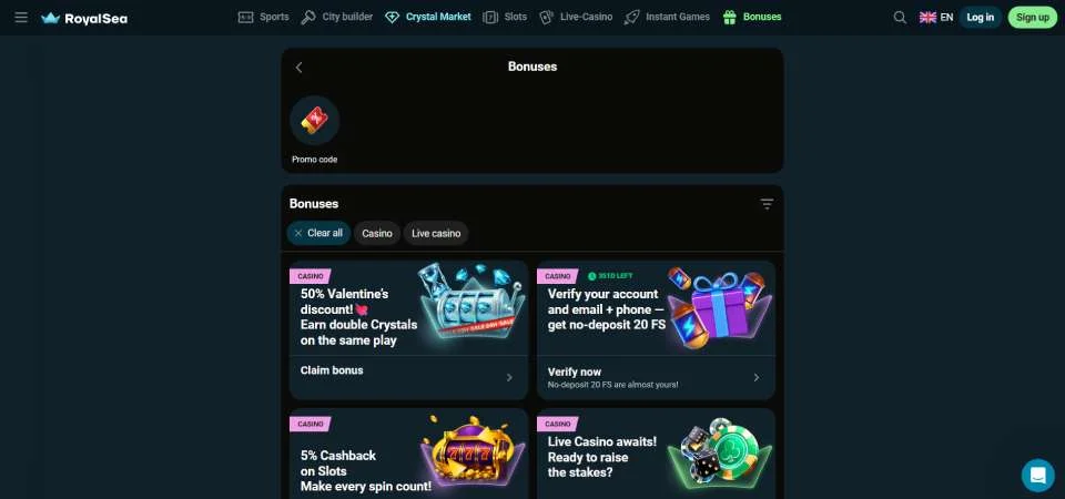Royalsea Casino promóciós ajánlatok és bónuszok
